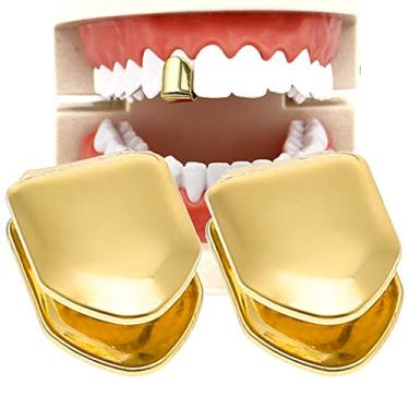 Imagem de TCOTBE 2 peças de dentes de boca Grillz banhados a ouro 14K, dentes de hip hop, tampa única de dente superior para boca de dentes, acessórios de festa grades de dentes (cor: ouro), Dourado, tamanho