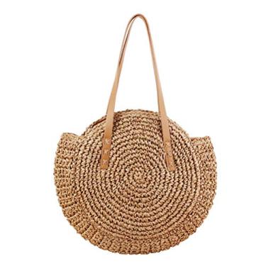 Imagem de Bolsa de praia de palha redonda feita à mão bolsa de ombro com forro de algodão para mulheres férias (camelo)