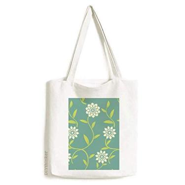Imagem de Sacola de lona com estampa de flores brancas verdes bolsa de compras casual