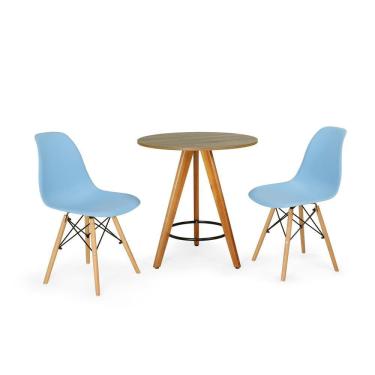 Imagem de Conjunto Mesa Redonda Aline 70cm Natural com 2 Cadeiras Eames Eiffel - Azul Claro