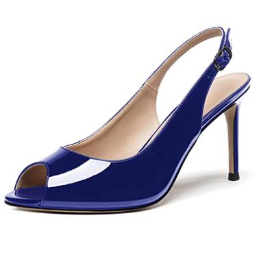 Imagem de WAYDERNS Sapatos femininos de salto alto stiletto de couro envernizado com tira no tornozelo e tira peep toe, 9 cm, Azul royal, 12