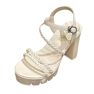 Imagem de Moda primavera e verão sandálias femininas salto alto salto grosso bico aberto plataforma tornozelo fivela tecido tira S sandálias, Branco, 8