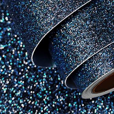 Imagem de FunStick Papel de parede azul galáxia com glitter, preto, papel de parede preto brilhante, papel de contato autoadesivo com glitter para armários decoração de papel de parede com glitter removível para paredes de quarto DIY 40 x 200 cm