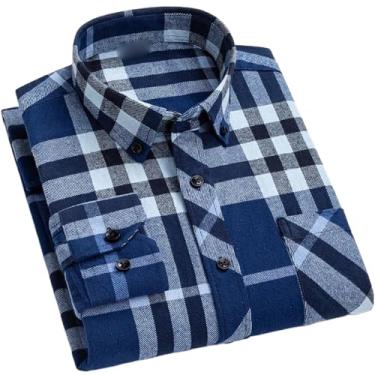 Imagem de Camisa social masculina xadrez clássica de flanela com botão e bolso frontal para inverno, C-153, P
