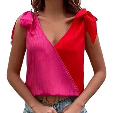 Imagem de Regata feminina Color Block, caimento solto, sem mangas, gola V, casual, camisa de verão, Vermelho, P