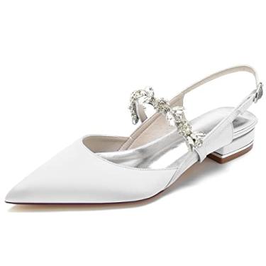 Imagem de HKMEI Sapatilhas femininas de cetim com bico fino para noivas confortáveis com strass para noivas, sapatos formais fechados, sapatilhas, sapatilhas de balé, Branco, 36