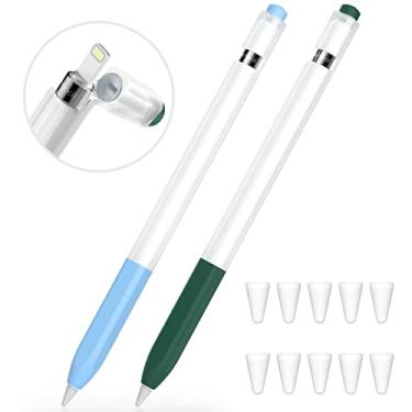 Imagem de JOOSKO Estojo compatível com Apple Pencil 1ª geração, [2 unidades] estojo de silicone macio, [com 10 pontas de lápis] para Apple Pencil 1ª geração (verde escuro, azul celeste)
