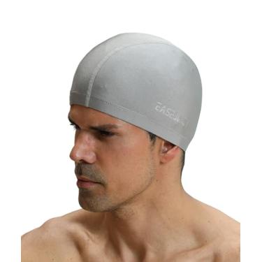 Imagem de Touca de natação de nylon de alta elasticidade para homens e mulheres, short de cabelo, confortável, respirável (cinza)