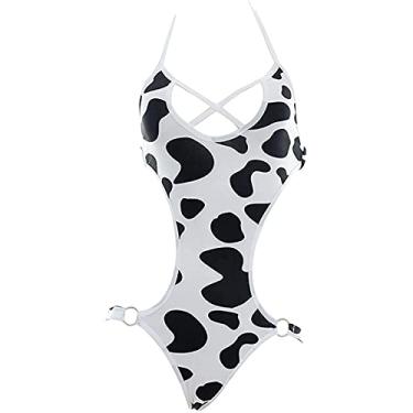 Imagem de TAIKMD Body feminino de duas peças com estampa de vaca leiteira, frente única, collant, tanga de malha transparente, avental de empregada, conjunto de fantasia cosplay, Preto e branco, One Size