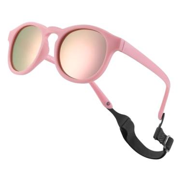Imagem de LIU·WEN Óculos de sol redondos para bebês polarizados com alça - UV400 flexível para bebês meninos meninas de 0 a 24 meses, A1 Rosa/Rosa Espelhado, Medium