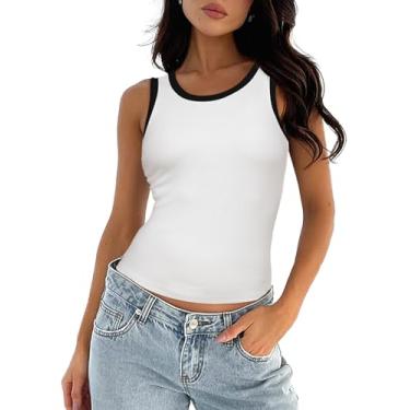 Imagem de Darong Camiseta regata feminina de verão sem mangas, listrada, gola redonda, canelada, básica, Branco, G
