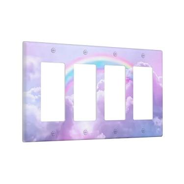 Imagem de Rainbow in the Clouds Quad Rocker Decora Placa de Parede Decorativa Rosa Arte Painel 4 Gang Interruptor de Luz Cobertura Nuvem Roxa GFCI Placa de Interruptor de Tomada Elétrica Linda Decoração de Dimmer para Quarto, Quarto Infantil Banheiro