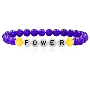 Imagem de JunyiDIY Elegante pulseira elástica de contas de jade de 6 mm com letras inspiradoras "POWER", pulseira elástica para homens e mulheres, joias unissex empoderadoras para pais, irmãos, aniversários,