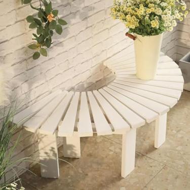 Imagem de Banco de madeira curvado branco, suporte decorativo interno para plantas/banco otomano de entrada, bancos de jardim semicírculo, assento de banco enrolado em árvore