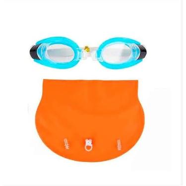 Imagem de Kit Infantil De Natação Mergulho Piscina Praia Óculos Touca Protetor De Ouvido E Proteção de Nariz - Laranja