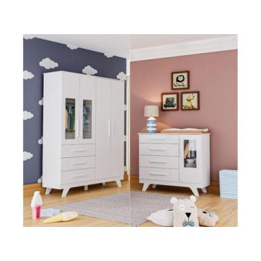 Imagem de Guarda Roupa e cômoda retrô Moveis Peroba 04 portas MDF , Branco