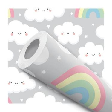 Imagem de Papel De Parede Adesivo Nuvens Fofinhas Arco Íris Cinza Quarto Infanti