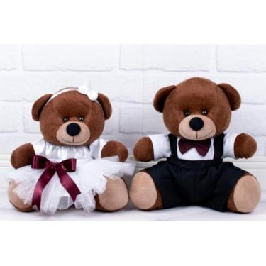 Imagem de Ursos de Pelúcia Casal, Ursinho Marrom com Vestido Branco e Terno Preto, Tedde 26 cm (Tedde Pajem Preto, Daminha Branca, detalhes marsala - Pelúcia Marrom)