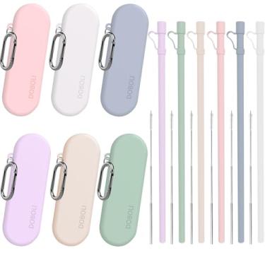 Imagem de Doboli Conjunto de 6 canudos reutilizáveis de silicone de 30,5 cm com capa, canudos dobráveis portáteis dobráveis para viagem com tampa, escova de limpeza, compatível com copo Stanley de 1,134 g 850 g