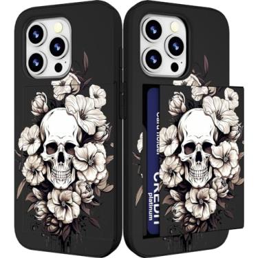 Imagem de IWONE Capa compatível com iPhone 15 Promax fofa com porta-cartões à prova de choque Slim Slot Phone 15 Pro Max capa carteira para mulheres/preto floral caveira flor esqueleto tatuagem legal