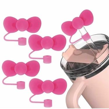Imagem de 4 peças de capa de canudo de laço rosa para copo Stanley de 40 e 850 g, tampa de cobertura de palha de silicone de 10 mm para acessórios de copo Stanley, bonito topo de palha para copos, tampa de