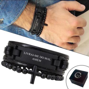 Imagem de Kit C/02 Pulseiras de Couro Masculina Livrai me do Mal Magnética + Bol