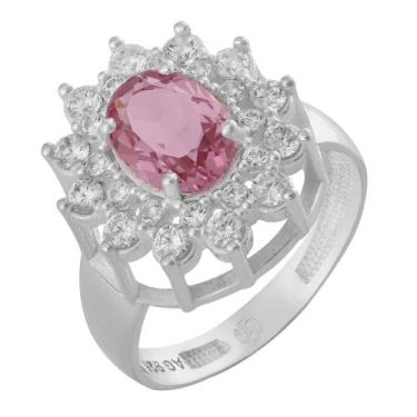 Imagem de Anel de Prata Coleção Queens Cristal Safira Rosa 6x8 e Zircônias Branc