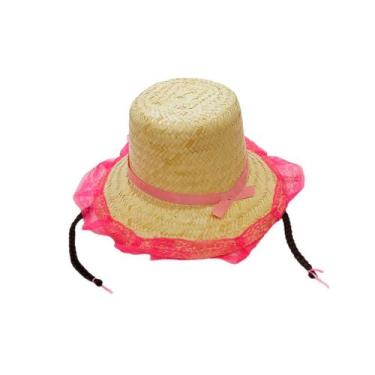 Imagem de Chapéu de Palha de Renda com Trança - Pink com Trança Marrom - 1 unida