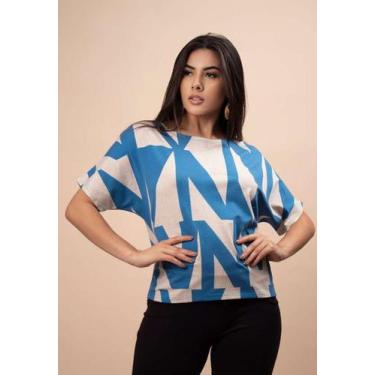 Imagem de Blusa Básica Morcego Malha Gola Canoa Manga Curta Geométrica Blue - Am