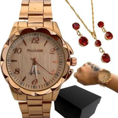 Imagem de Relógio Feminino Dourado Luxo + Conjuto Folheados + Brincos - EEA SEMI