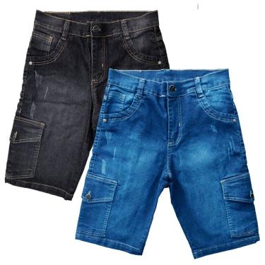 Imagem de Kit 2 Bermuda Jeans Lycra Cargo Masculina C/ 6 Bolso - Trabalhada