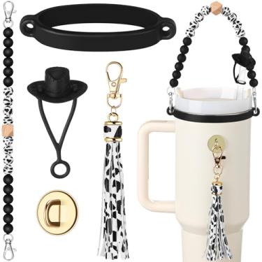 Imagem de Skylety Conjunto de 5 peças de acessórios de copo de silicone de chapéu de cowboy compatível com copos Stanley Inclui chapéu de vaca com contas alça de garrafa de couro borla pingente anel de copo de