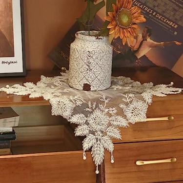 Imagem de VIRFONOR Doilies de Renda com Miçangas Bordadas À Mão - Tapete de Decoração para Casa para Mesa de Centro, Enfeites, Vaso de Flores, Casa, Decoração de Casamento, (23,6''X23,6'', Bege)