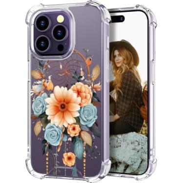 Imagem de Hungo Capa compatível com iPhone 14 Pro para mulheres meninas design claro bonito, meninas meninas estética designer telefone 14 Pro capas apanhador de sonhos flores
