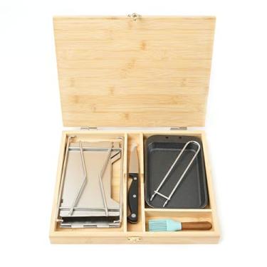 Imagem de HAWOK Conjunto de 7 caixas de acampamento de bambu, 30 cm C x 26 cm L x 4 cm A, fogão dobrável portátil com placa de ferro fundido