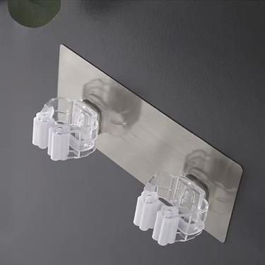 Imagem de Kit 2 Suporte De Parede Organizador De Vassouras/Rodo Duplo Adesivo Fixação Sem Furar Parede