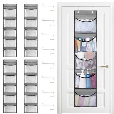 Imagem de TKSDWBLTY Organizador de brinquedos com 4 peças de bichos de pelúcia, rede para pendurar na porta, elástica, multifuncional, organizador de brinquedos, 5 bolsos de malha elástica para brinquedos