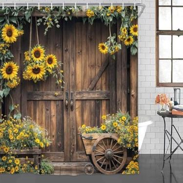 Imagem de Cortina de chuveiro rústica para porta de celeiro, conjunto de cortinas de chuveiro do sudoeste country cortinas de chuveiro caubói ocidental, cortina de banheiro de porta de madeira marrom à prova