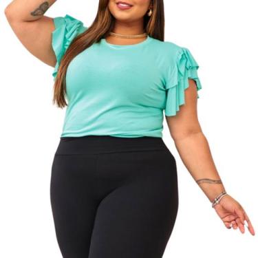 Imagem de Blusa Plus Size Feminina Manga Curta Babado Gode Gola Redonda Malha - 
