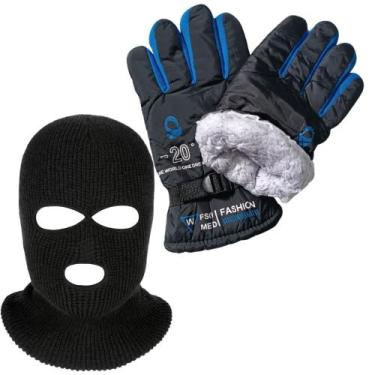 Imagem de Kit Luva de Moto Azul Antiderrapante + Touca Ninja Balaclava 3 Furos  