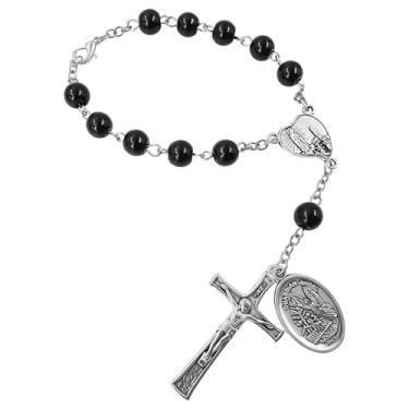 Imagem de TALISMAN4U Rosário com medalha de anjo da guarda de São Miguel para espelho retrovisor de carro, contas de vidro, Nossa Senhora de Fátima, católica, uma década, rosário automático para mulheres