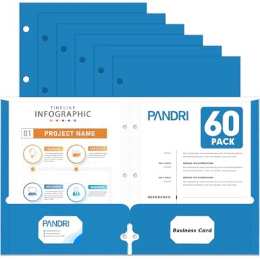 Imagem de Pastas de portfólio de dois bolsos, pacote com 60 PANDRI com 3 furos e 2 pastas de bolso para fichário de 3 anéis, pasta de arquivo de papel tamanho carta para escola, escritório, casa, negócios, azul