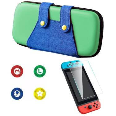 Imagem de Case Luigi Verde e Azul, Película de Vidro Temperado 9H, 4 Grips Analógicos, Compatível Com Nintendo Switch V1 e V2