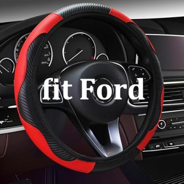 Imagem de Capa de volante de couro de fibra de carbono elástica – ajuste universal 38 cm, aderência antiderrapante elástica, fácil de instalar, durável e elegante adequado para carros, caminhões e SUVs