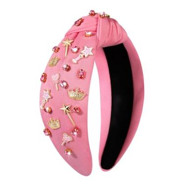 Imagem de JERTOCLE Bandanas de bruxa rosa para mulheres, meninas, princesa, coroa, varinha com nó, para fãs de Glinda, aniversário de bruxa, lembrancinhas de festa de Halloween, acessórios de cabelo