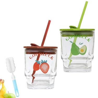 Imagem de HMTRADE Copos de vidro de água com canudo e tampa, copo de vidro reutilizável de 300 ml/450 ml para chá e suco de frutas, canecas de café com isolamento de parede grossa fofa para Matcha (450 ml)