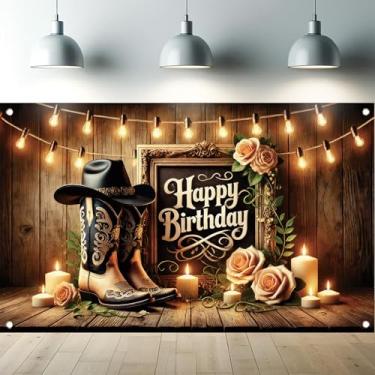 Imagem de Starlit Patio Banner de fundo de cowboy ocidental feliz aniversário botas de madeira rústica chapéu rosas velas cordão luzes fundo fotografia decorações de festa de aniversário adereços de estúdio 180