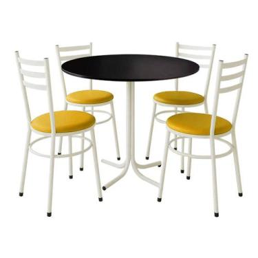 Imagem de Mesa de Jantar Redonda 80cm Preta Com 4 Cadeiras Estofada Branca - Lam