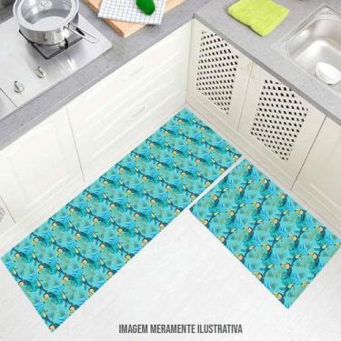 Imagem de kit cozinha passadeira 140x40cm e Tapetes Floresta Amarzona azul60x40c
