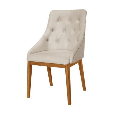 Imagem de Cadeira De Jantar Luxo Estofada Elisa Anatômica Linho Bege Capitonê Base Madeira Maciça 